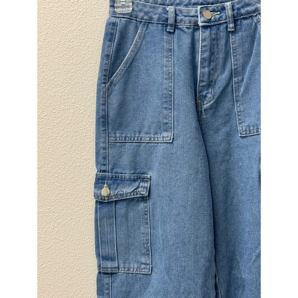 SHEIN Denim Cargo Pants High Waist Wide Leg Jeans Pockets Blue‎ XS - Picture 9 of 10